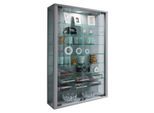 Wandvitrine Vitrosa Mini, ohne LED-Beleuchtung, 8 Einlegeböden, 2 Flügeltüren, B 590 x T 180 x H 910 mm, Glas & Holz, silber