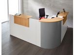 Winkeltheke Come-In, rund, L 2125 x B 2525 mm, weiß, 3 Ablagen in Buche-Dekor, Eckelement alusilber