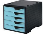 Schubladenbox styro® styroswing, 5 Schübe, Auszugsperre & Griffmulde, stapelbar, B 270 x T 340 x H 255 mm, Polystyrol, schwarz-aqua