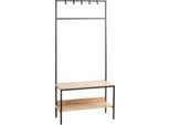 Standgarderobe HAKU, 5 Haken, Gesamttragkraft 15 kg, 2 Ablagen, B 800 x T 350 x H 1800 mm, Stahl/Holz/Metall, schwarz/helles Eiche-Dekor