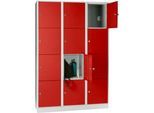 Wertfachschrank 400 mm, 3 Abteile, 12 Fächer, Sicherheitszylinderschloss, Sockel, feuerrot