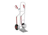 Sackkarre, bis 200 kg, Schaufel mit B 280 x T 280 mm, Sicherheitsgriffe & Gleitkufen, Bockrollen mit Luftreifen & Stollenprofil, Aluminium, rot-silber