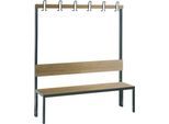 Garderobenbank Basic Plus, 1-seitig, Rückenlehne, ohne Schuhrost, Fußgestell schwarzgrau RAL 7021, B 1500 mm, Dekor Eiche Ser.