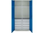 Schäfer Shop Genius Materialschrank FS, 5 OH, abschließbar, 4 Fachböden/12 Schübe, bis 450 kg, B 1055 x T 520 x H 1950 mm, Stahl, lichtgrau/enzianblau