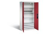 C+P Akkuladeschrank Basic mit Vollblechtüren und Schubladenblock, H 1950 x B 930 x T 500 mm, Lichtgrau/Rubinrot