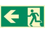 moedel Fluchtwegschild „Notausgang links Pfeil links“, nach ISO 7010 E001, Aluminium 0,6 mm, langnachleuchtend, B 400 x H 200 mm
