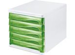 Schubladenbox helit, 5 Schübe, DIN A4, B 265 x H 250 x T 340 mm, Polypropylen, Gehäuse weiß/Schublade grün transparent