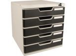 Schubladenbox MODULO, Format A4+, 5 abschließbare Schübe, geschlossen, Griffmulde & Etikettenhalter, 2 Schlüssel, Kunststoff, grau
