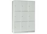 Wertfachschrank 400 mm, 3 Abteile, 9 Fächer, Sicherheitszylinderschloss, Sockel, lichtgrau