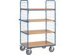 Etagenwagen, 4 Holz-Böden, bis 600 kg, 2-seitige Gitterwände, 1000 x 700 mm, blau