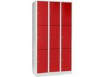 Wertfachschrank 300 mm, 3 Abteile, 9 Fächer, Sicherheitszylinderschloss, Sockel, feuerrot