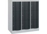 C+P Schließfachschrank Resisto, 3 Abteile, 9 Fächer, B 1148 x T 640 x H 1255 mm, Lichtgrau/Anthrazitgrau