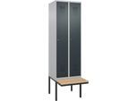 Kleiderspind C+P Evolo Plus, 2 Abteile à 300 mm Breite, schwebende Sitzbank, B 600 x T 815 x H 2120 mm, Zylinder, weißaluminium/anthrazitgrau