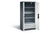 C+P Akkuladeschrank Basic mit Vollblechtüren und Schubladenblock, H 1950 x B 930 x T 500 mm, Lichtgrau/Rubinrot