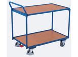Leichter Tischwagen, Stahl/MDF-Platte, Enzianblau/Buche-Dekor, 2 Etagen, L 835 x B 505 mm, TPE-Rollen mit EasySTOP, bis 250 kg