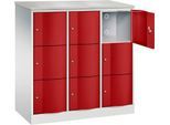 C+P Schließfachschrank Resisto, 3 Abteile, 9 Fächer, B 1148 x T 540 x H 1255 mm, Lichtgrau/Rubinrot