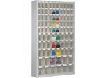 Magazinschrank, Volumen 635 l, 86 herausnehmb. Klappkästen m. Griffmulde, B 1270 x T 250 x H 2000 mm, l.grau/transparent