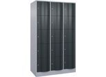 C+P Schließfachschrank Resisto, 3 Abteile, 15 Fächer, B 1148 x T 640 x H 1950 mm, Weißalu/Anthrazitgrau