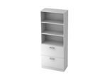 Regalschrank TARVIS, 5 OH, 2 HR-Auszüge, 60 kg Tragkraft, abschließbar, 2 Fachböden, B 800 x T 420 x H 2004 mm, weiß