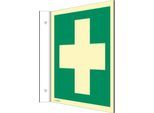 moedel Fahnenschild „Erste Hilfe“, EN ISO 7010, Leuchtklasse C, 160 mcd/m², bis 14,8 m, L 148 x B 148 mm, Kunststoff, grün