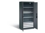 C+P Akkuladeschrank Basic mit Vollblechtüren und Schubladenblock, H 1950 x B 930 x T 500 mm, Lichtgrau/Rubinrot