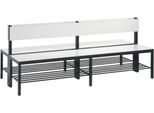 Sitzbank Basic Plus, 2-seitig, mit Rückenlehne & Schuhrost, 4-Fußgestell schwarzgrau RAL 7021, B 1960 mm, Dekor weiß