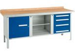 Kastenwerkbank Schäfer Shop Select PW 200-1, Buche Multiplexplatte, mit Stahlkante, bis 750 kg, B 2000 x T 700 x H 840 mm, Enzianblau