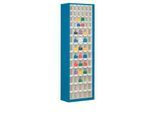 Magazinschrank, Volumen 333 l, 69 herausnehmbare Klappkästen mit Griffmulde, B 665 x T 250 x H 2000 mm, enzianblau/transparent