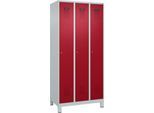 Kleiderspind C+P Evolo Plus, 3 Abteile, Anschlag rechts, Zylinderschloss, B 900 x T 500 x H 1950 mm, lichtgrau/rubinrot