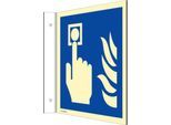 moedel Fahnenschild „Hausalarm/Brandmelder/Flamme“, Leuchtklasse C, 160 mcd/m², bis 14,8 m, L 148 x B 148 mm, Aluminium, blau-weiß