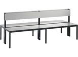 Sitzbank Basic Plus, 2-seitig, Rückenlehne, ohne Schuhrost, 4-Fußgestell schwarzgrau RAL 7021, B 1960 mm, Dekor silbergrau
