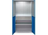 Schäfer Shop Genius Materialschrank FS, 5 OH, abschließbar, Lochrasterwände/2 Schübe/2 Fachböden, bis 450 kg, B 1055 x T 520 x H 1950 mm, weißalu/enzianblau + Gratis Einsatzkastenset-24 tlg.
