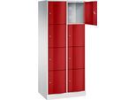 C+P Schließfachschrank Resisto, 2 Abteile, 8 Fächer, B 772 x T 540 x H 1950 mm, Lichtgrau/Rubinrot