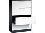 Karteikartenschrank, 2-bahnig DIN A4 quer, 4 Schübe mit Vollauszug & Bügelgriffen, Zentralverschluss, B 800 x T 435 x H 1298 mm, schwarzgrau/weiß