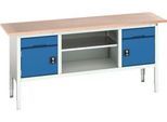 Kastenwerkbank Bott verso, Multiplex-Platte, 2 Schubladen, 2 Türen, 1 Ablageboden, B 2000 x T 600 x H 830 - 930 mm, Lichtgrau / Enzianblau