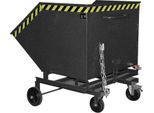Späne-Kippbehälter Bauer SKW-ET 1000, Stahl, schwarz, B 1430 x T 1340 x H 1285 mm, 1000 l, bis 300 kg, Rollen, manuelles Kippen, mit Einfahrttaschen
