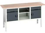 Kastenwerkbank Bott verso, Multiplex-Platte, 2 Schubladen, 1 Ablageboden, 2 Türen, B 1750 x T 600 x H 830 - 930 mm, Lichtgrau / Anthrazitgrau