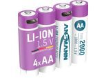 Li-Ion Akkus ANSMANN Mignon AA, 1,5 V, Typ 2000 (min. 1800 mAh), 3,26 Wh, Type C Ladung, 4 Stück