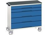 Mobiler Schubladenschrank Bott verso, 5 Schübe, bis 50 kg je Schub, Vollauszug, B 1050 x T 550 x H 965 mm, Stahlblech, Grau-Blau