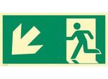 moedel Fluchtwegschild „Notausgang links abwärts“, nach ISO 7010 E001, Aluminium 1,8 mm, langnachleuchtend, B 594 x H 297 mm