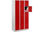 Wertfachschrank 300 mm, 3 Abteile, 15 Fächer, Sicherheitszylinderschloss, Sockel, feuerrot