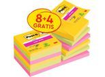 Sparpaket Post-it® Haftnotizen Super Sticky Z-Notes R330-12SS-CARN, 76 x 76 mm, wiederablösbar, cellophanfrei verpackt, farbig, 12 Blöcke á 90 Blatt