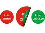 moedel Piktogramm-Aufkleber „Pull Ziehen/Push Drücken“, doppelseitig bedruckt, selbstklebend, Ø 100 mm, Folie, rot-grün