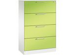 Karteikartenschrank, 2-bahnig DIN A4 quer, 4 Schübe mit Vollauszug & Bügelgriffen, Zentralverschluss, B 800 x T 435 x H 1298 mm, weiß/viridingrün