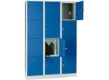 Wertfachschrank 400 mm, 3 Abteile, 12 Fächer, Sicherheitszylinderschloss, Sockel, enzianblau