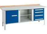 Kastenwerkbank Schäfer Shop Select PW 200-1, Buche Multiplexplatte, mit Stahlabdeckung, bis 750 kg, B 2000 x T 700 x H 840 mm, Enzianblau