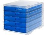 Schubladenbox styro® styroswing light, 5 Schübe, Auszugsperre & Griffmulde, stapelbar, B 270 x T 340 x H 255 mm, Polystyrol, transparent-blau