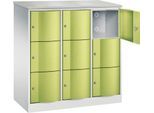 C+P Schließfachschrank Resisto, 3 Abteile, 9 Fächer, B 1148 x T 540 x H 1255 mm, Lichtgrau/Clowngrün