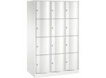 C+P Schließfachschrank Resisto, 3 Abteile, 12 Fächer, B 1148 x T 640 x H 1950 mm, Verkehrsweiß