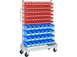 Sichtrollwagen f. Sichtlagerkästen, einseitig, B 1130 x T 510 x H 1705 mm, 60 x 0,7 l rot, 28 x 7,5 l blau